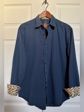 Robert Graham Men’s XL Blue Striped Button Down Shirt Embroidered Flip Cuff
